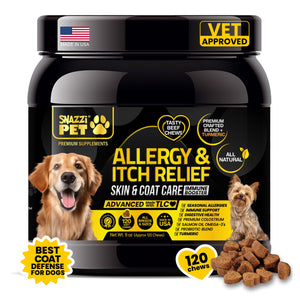Snazzi Pet Dog Allergy & Itch Relief Chews – Omega 3, Colostrum, Turmeric, Probiotics – Hot Spots, Paw Licking, Dry Skin & Coat Health – Tasty Beef Flavor – 120 Soft Chews